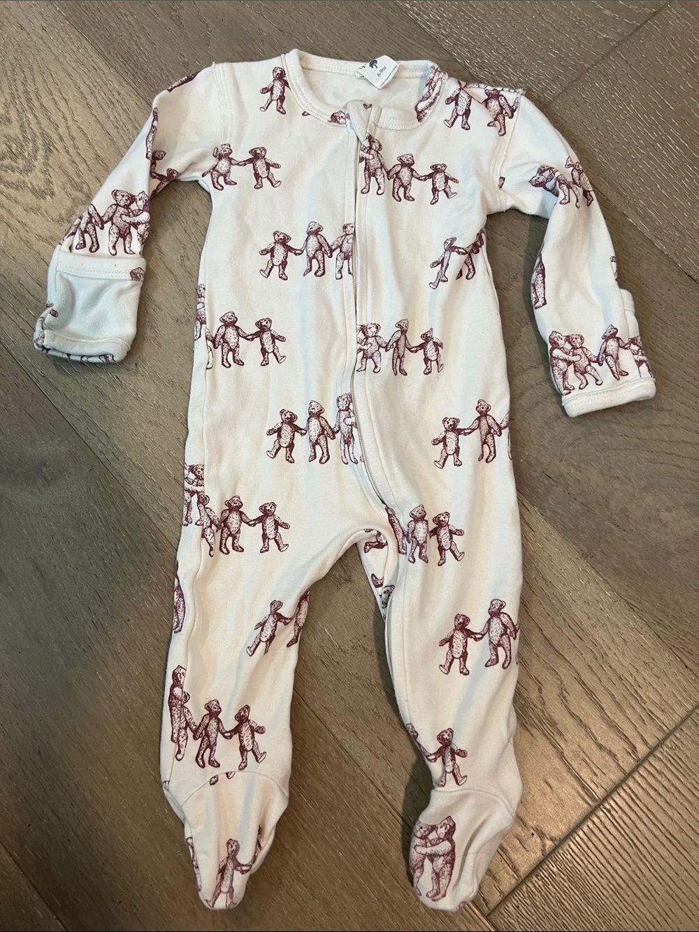 Kate Quinn Organic Cotton Cream Footed One-Piece with Maroon Teddy Bear Print